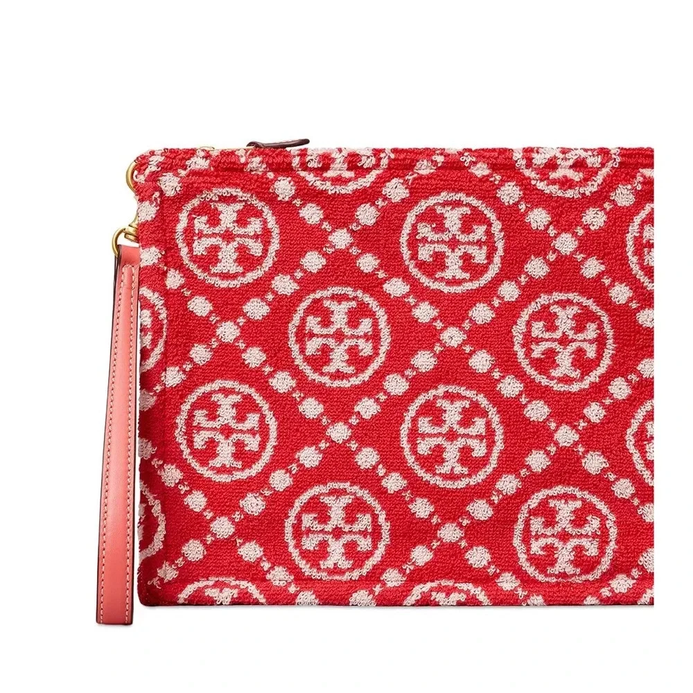 Tory Burch T Monogram Terry Pouch Wristlet Strawberry Red White Gold